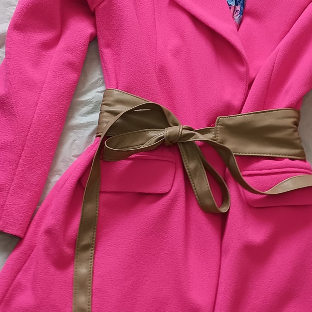 Pink Coat with Soft Vegan Leather Camel Belt - Picture 7 of 8